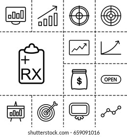 Marketing icon. set of 13 outline marketingicons such as board, clipboard, line graph, open, graph, chart, target, money sack
