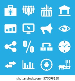 Marketing icon. Set of 16 Marketing filled icons such as megaphone, apple target, bulb, chart, group, clock, display pointer, percent, shopping bag, eye, arrow, building