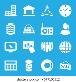 Marketing icon. Set of 16 Marketing filled icons such as globe, communication, calclator, pie chart, group, clock, radio, display pointer, sale, move on map, building