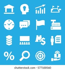 Marketing icon. Set of 16 Marketing filled icons such as man and document, head with keyhole, chart, locations, search, classroom, message, target, clock, flag, gift on hand