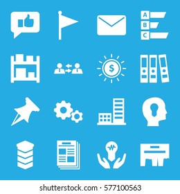 Marketing icon. Set of 16 Marketing filled icons such as dollar in sun, communication, thumb up, head with keyhole, bulb in hand, statistic, gear, ad, flag, binder, newspaper