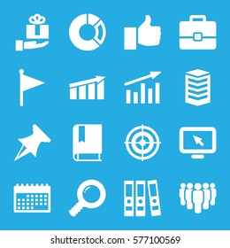 Marketing Icon. Set Of 16 Marketing Filled Icons Such As Chart, Search, Pie Chart, Thumb Up, Group, Target, Calendar, Flag, Binder, Book, Case, Display Pointer, Gift On Hand