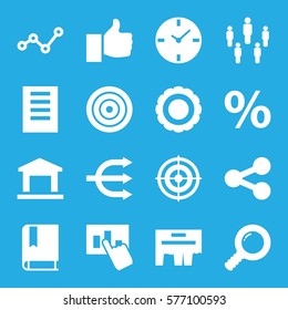 Marketing icon. Set of 16 Marketing filled icons such as group, graph, search, target, ad, thumb up, clock, award, document, book, structure, building, percent, share