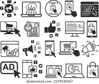 Marketing-Symbol-Set, 20 Digital-Marketing-Symbol auf schwarzer Vektorgrafik