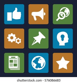 Marketing icon. Set of 9 Marketing filled icons such as megaphone, head with keyhole, gear, thumb up, star, newspaper, globe search, pin