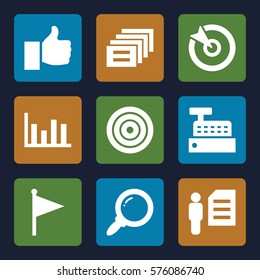 Marketing icon. Set of 9 Marketing filled icons such as man and document, target, chart, search, thumb up, message, flag