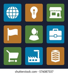 Marketing icon. Set of 9 Marketing filled icons such as globe, keyhole, flag, case, store, shopping cart, building, factory