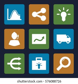 Marketing icon. Set of 9 Marketing filled icons such as bulb, chart, search, structure, truck, share, support