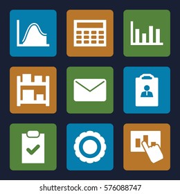 Marketing icon. Set of 9 Marketing filled icons such as resume, calculator, checklist, chart, award, mail, storage, hand on graph