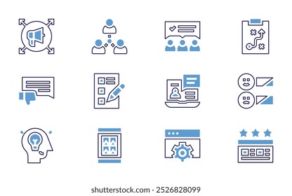 Marketing icon set. Bold line style. Duotone colors. Editable stroke. connection, team review, quality control, best price, happy client, vision, approved, review, strategy.