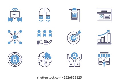 Marketing icon set. Bold line style. Duotone colors. Editable stroke. megaphone, marketing, ethical marketing, dartboard, growth, evaluation, increase, viral, quality.