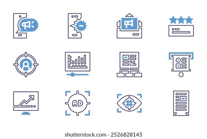 Conjunto de ícones de marketing. Estilo de linha em negrito. Cores duotônicas. AVC editável. ideia, site, alvo, visão, anúncio, busca, atração, insight.