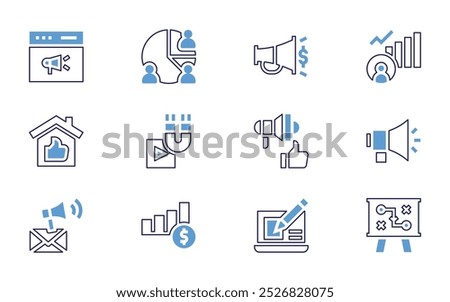 Marketing icon set. Bold line style. Duotone colors. Editable stroke. pie chart, megaphone, social growth, pr, magnet, notepad, concept, mail, documents.