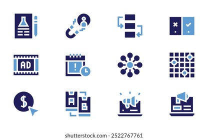 Marketing icon set. Bold style. Duotone colors. ad, campaign, viral, heatmap, lead generation, workflow, ab testing, report.