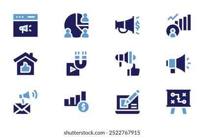 Marketing icon set. Bold style. Duotone colors. megaphone, website, pie chart, social growth, property, marketing, ethical marketing.