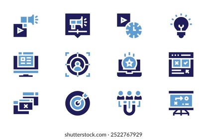 Marketing icon set. Bold style. Duotone colors. idea, video marketing, marketing, target, redeem points, feedback, post.
