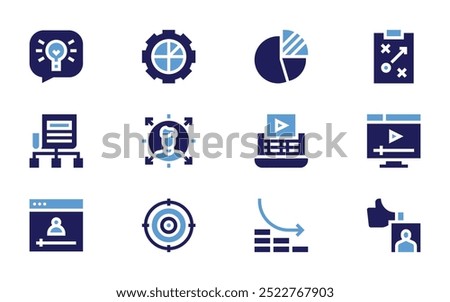Marketing icon set. Bold style. Duotone colors. video marketing, content plan, viral, consulting, graphic, pie chart, analysis.