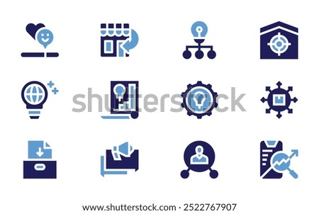 Marketing icon set. Bold style. Duotone colors. satisfaction, back in store, idea, target, global, innovation, supply chain.