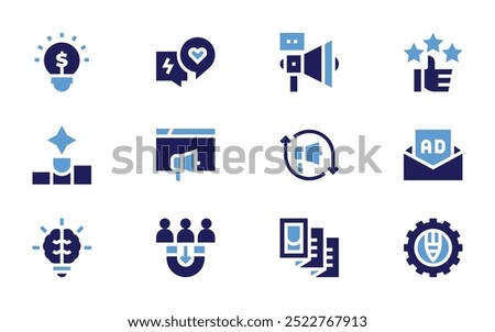 Marketing icon set. Bold style. Duotone colors. position, campaign, retargeting, ad, engagement, megaphone, customer feedback, idea.