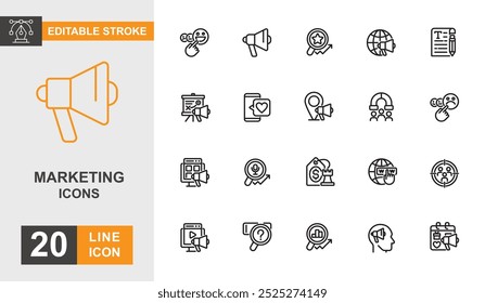 Conjunto de ícones de marketing. Brainstorming, anúncio, análise, planejamento e mais ícone de linha traçado editável.