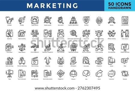 Marketing icon set with campaign, strategy, target audience, market research, data analysis, audience segmentation, branding, logo, identity, brand guidelines icon. Simple handdrawn vector 
