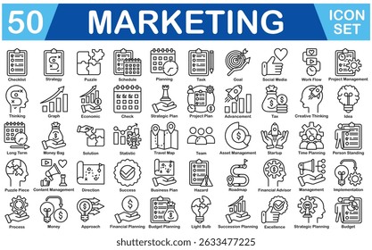 Conjunto de iconos de marketing con lista de comprobación, estrategia, rompecabezas, horario, planificación, tarea, objetivo, redes sociales, flujo de trabajo, gestión de proyectos, pensamiento, gráfico, económico, comprobar, Plan estratégico