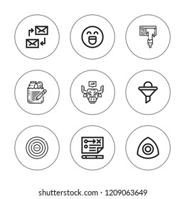 Marketing icon set. collection of 9 outline marketing icons with chalk, emotion, funnel, goal, mail, profits, shopping list, strategy icons. editable icons.