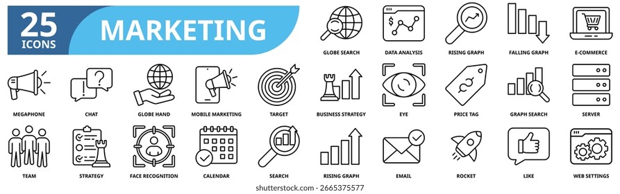 Marketing icon set. Containing digital marketing, advertising, e-commerce, SEO, analytics, social media, feedback, strategy, branding, business and more.