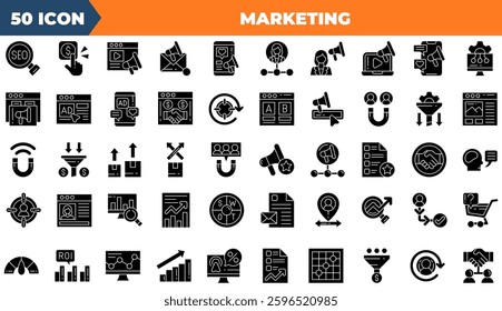 Marketing icon set. Containing Management, seo, target,and more. Solid vector icons collection.