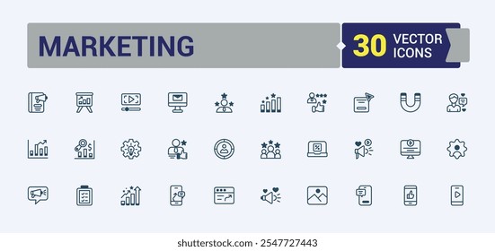 Conjunto de iconos de marketing. Contiene Plan Video, idea, internet, seo, etc. Icono lineal delgado minimalista. Esquema y pictograma sólido.