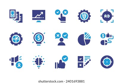 Marketing icon set. Duotone color. Vector illustration. Containing choice, feedback, accept, idea, answers, website, target, cost per click, megaphone, brochure, management, graphic, pie chart.