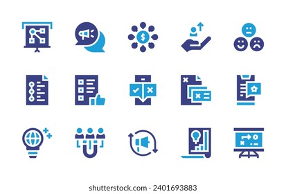 Marketing icon set. Duotone color. Vector illustration. Containing viral, audience, retargeting, chat, rating, survey, acquisition, strategy, workflow, follower, infographic, branding, global.