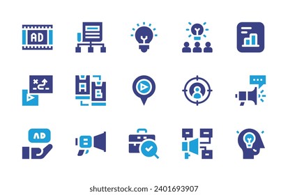 Marketing icon set. Duotone color. Vector illustration. Containing idea, brainstorming, location, target, briefcase, marketing plan, ad, content plan, strategy, ab testing, advertising, megaphone.