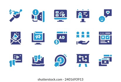 Marketing icon set. Duotone color. Vector illustration. Containing ad, pay per click, marketing, advertising, quality, strategy, happy client, feedback, pop up, online shopping, billboard.