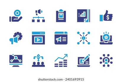Marketing icon set. Duotone color. Vector illustration. Containing digital marketing, money, marketing, video, viral marketing, cost per acquisition, viral, web design, best price, redeem.