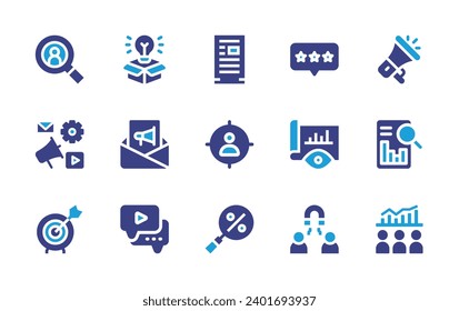 Conjunto de iconos de marketing. Color de duotona. Ilustración vectorial. Con megáfono, investigación de mercado, idea, marketing digital, boletín, propósito, ideas, consumidor, publicidad, calificación, público objetivo.