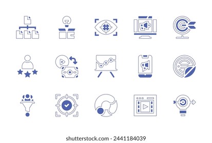 Marketing icon set. Duotone style line stroke and bold. Vector illustration. Containing marketing, advertisement, video, content, customer satisfaction, traffic, idea, vision, pay per visualization.