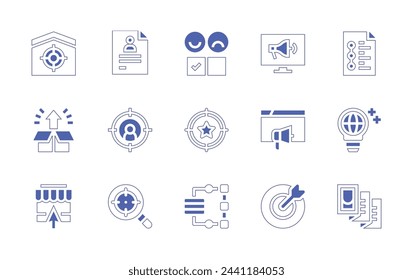 Marketing icon set. Duotone style line stroke and bold. Vector illustration. Containing online advertising, campaign, target, increase, online shop, cv, feedback, user, magnifying glass, data analytic