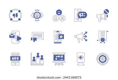 Marketing icon set. Duotone style line stroke and bold. Vector illustration. Containing mobile marketing, social marketing, marketing, network, phones, ads, vision, rating, bad comment, diagram.