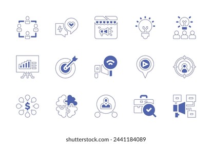 Marketing icon set. Duotone style line stroke and bold. Vector illustration. Containing idea, brainstorming, location, target, briefcase, marketing plan, digital marketing, affiliate marketing.