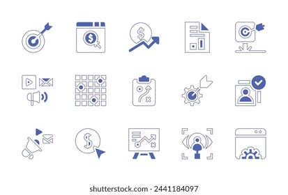Marketing icon set. Duotone style line stroke and bold. Vector illustration. Containing growth, aim, strategy, marketing, cost per click, heatmap, pay per click, business report, target, customer.