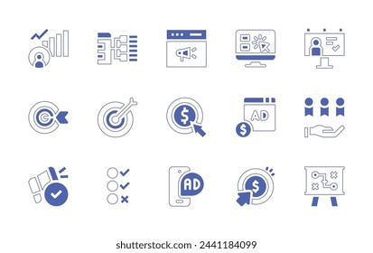 Marketing icon set. Duotone style line stroke and bold. Vector illustration. Containing ad, pay per click, website, social growth, target, mobile marketing, digital marketing, content, survey, quality