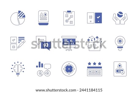Marketing icon set. Duotone style line stroke and bold. Vector illustration. Containing ad, ab testing, diffusion, surprise, data visualization, idea, answers, suscribe, presentation, rating, target.