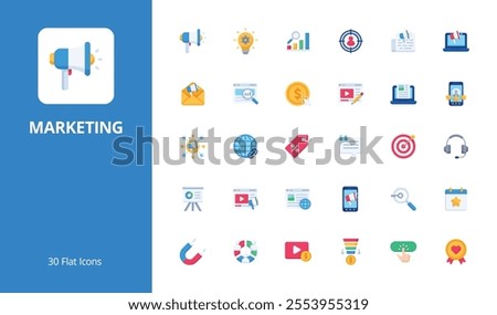 Marketing Icon Set with flat style. Perfect for UI, infographics, or social media content related to marketing and advertising.