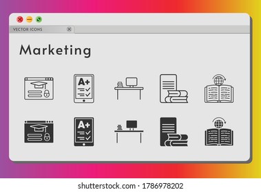 marketing icon set. included ereader, desktop, learning, login icons on white background. linear, filled styles.