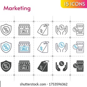 marketing icon set. included online shop, shop, price tag, warranty, discount icons on white background. linear, bicolor, filled styles.