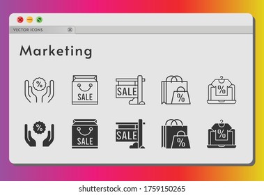 marketing icon set. included shopping bag, online shop, sale, discount icons on white background. linear, filled styles.