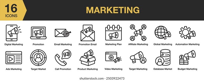 Marketing icon set. Includes global marketing, email marketing, call marketing promotion, and More. Outline icons vector collection.