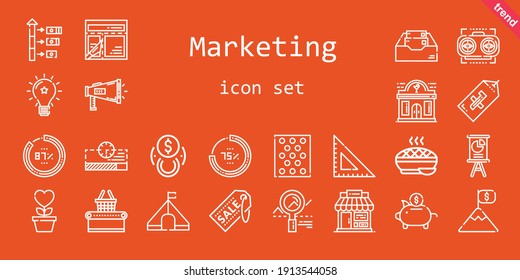 marketing icon set. line icon style. marketing related icons such as tent, megaphone, goal, shop, piggy bank, idea, bubble warp, pie, progress bar, presentation, supermarket, analytics, layout