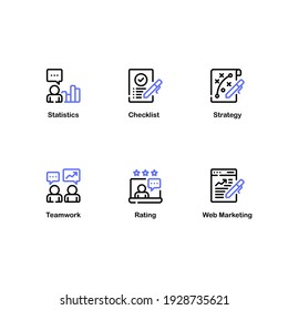 Marketing Icon Set Line Style. Strategy, Checklist, Statistics and More. Editable Stroke in Blue and Black Color